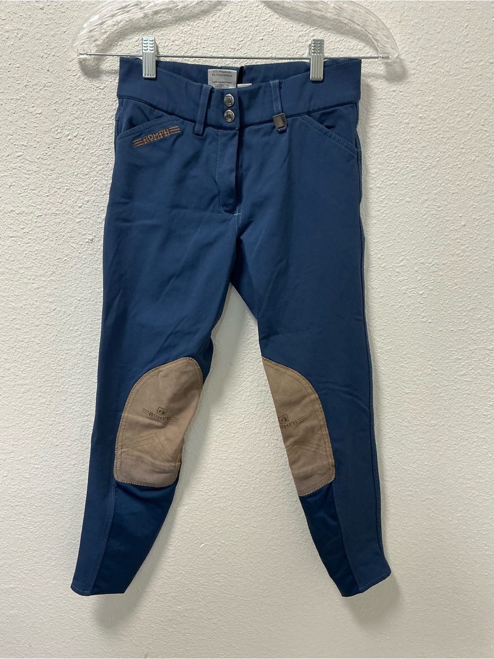 Romfh Navy Women Riding Breeches with Tan Knee Patches size 24R inseam 26”